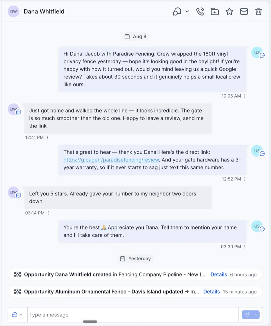 Automated review request text sent the day after a 180ft vinyl privacy fence install, with the homeowner replying that she left five stars and passed the contractor's number to a neighbour