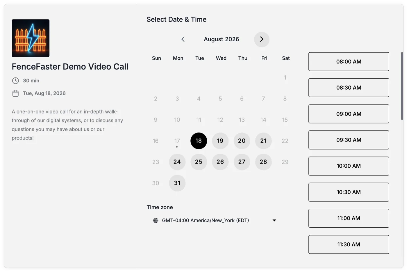 Online booking calendar for a fence estimate, showing selectable August dates and half-hour appointment slots from 8:00 AM with the visitor's time zone detected