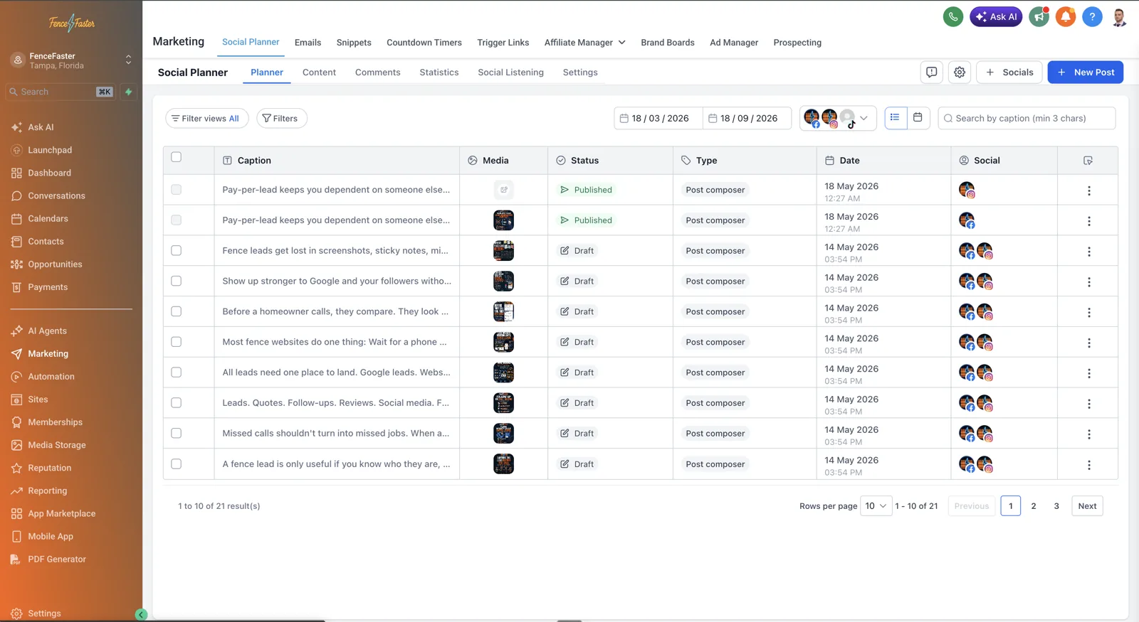 Social planner listing fence marketing posts with their captions, media thumbnails, published or draft status, and scheduled dates across Facebook, Instagram and TikTok