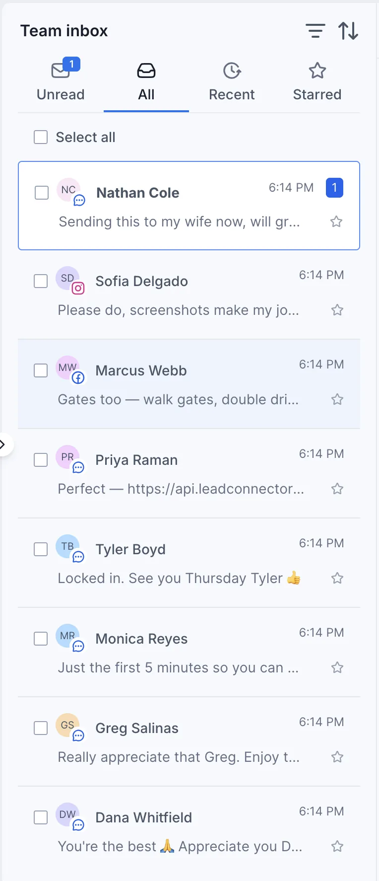 Unified CRM inbox listing fence leads from Instagram, Facebook and text message in one thread list, each row showing the channel it arrived on, a message preview and how long ago it came in