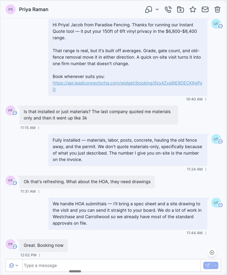 Text conversation with a homeowner who priced 150ft of vinyl privacy fence on the Quote Generator, running from the automated price range through her questions about installed versus materials-only pricing and HOA drawings to booking an on-site estimate