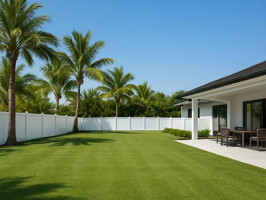 A white vinyl privacy fence rendered along the back edge of a lawn, with palms behind it and the house patio to the right